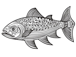 A Black And White Drawing Of A Fish - King salmon fish. Hand drawn.