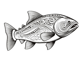 A Black And White Drawing Of A Fish - King salmon fish. Hand drawn.