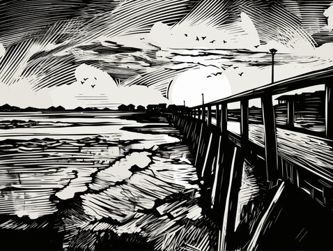 A Black And White Drawing Of A Pier - ink stamp based on a painting of Caloundra.