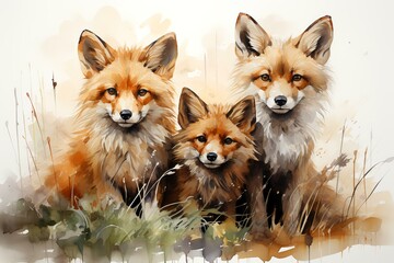 Obraz premium Watercolor Illustration of Three Foxes Isolated on White Background