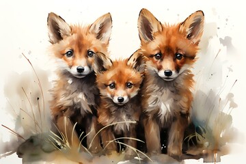 Fototapeta premium Watercolor Illustration of Three Foxes Isolated on White Background