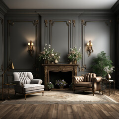 Luxurious vintage interior with fireplace in the old antique style. AI Generative