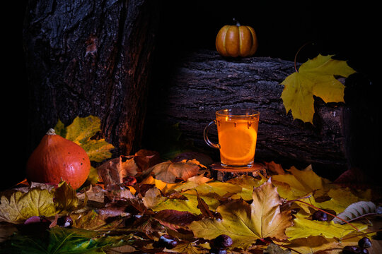 mulled beer with spices between halloween pumpkins