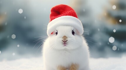 cute white rabbit with a red christmas hat, ears visable, copy space, 16:9