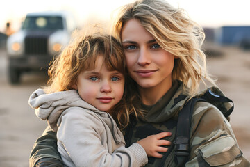 Military woman hugged her daughter posing for a picture.