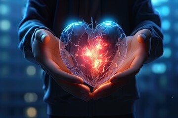 Lifeline in palms: A photorealistic human heart cradled in hands, glowing with vitality.