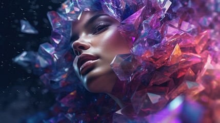 A beautiful woman model in a fantasy headdress made of transparent fragments of plastic, glass or crystal. Fashionable surreal portrait of a lady in a futuristic style. Illustration for varied design.