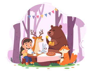 Girl kid with animal friends having tea party