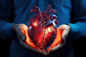 Lifeline in palms: A photorealistic human heart cradled in hands, glowing with vitality.