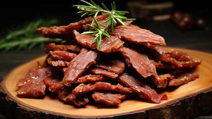 Close up view of beef jerky pieces on a wooden table. Top view.