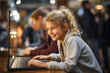 Young students sitting at a table with a laptops. Learning coding and programming.