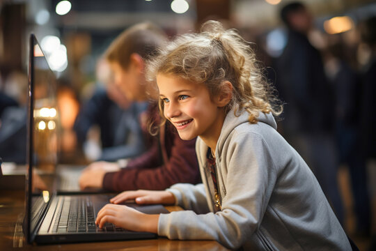 Young students sitting at a table with a laptops. Learning coding and programming.