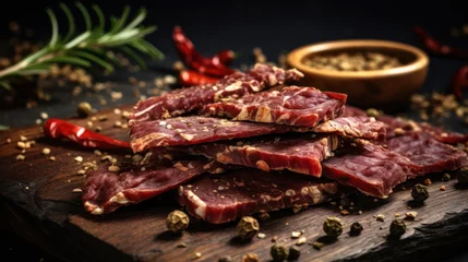 Fotobehang beef jerky with herbs and spices - dried beef on wooden plate, raw dried meat for cooking, dry meat beef in Thailand food © Nataliya