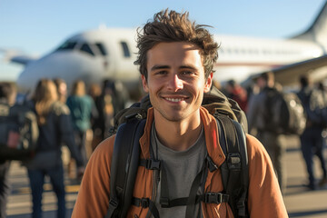 A man standing in front of an airplane on a runway. - obrazy, fototapety, plakaty