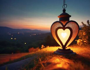A heart-shaped lantern glowing softly in the evening, casting a warm and romantic light for a...