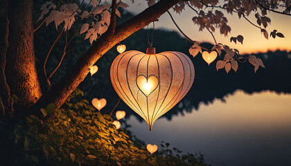 A heart-shaped paper lantern, illuminated and hanging from a tree branch, adding a touch of warmth to a romantic Valentine's night - obrazy, fototapety, plakaty