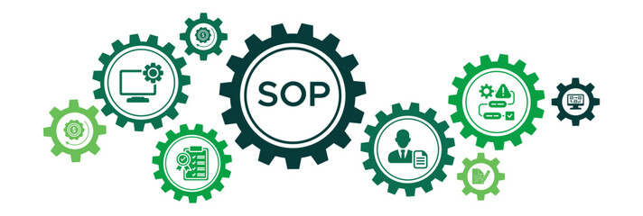 SOP banner web icon vector illustration concept for the standard operating procedure with an icon of instruction, quality, manual, process, operation, sequence, workflow, iteration, and puzzle - obrazy, fototapety, plakaty