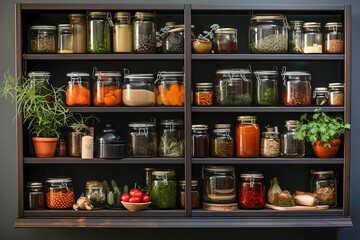 Kitchen shelves topped with lots of bottles and jars with canned food. Vegetables in jars. - obrazy, fototapety, plakaty