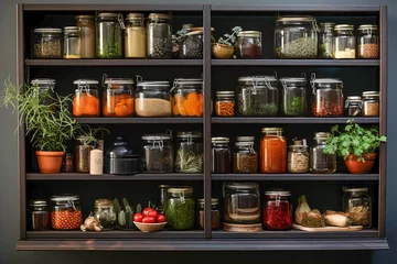 Foto op Canvas Kitchen shelves topped with lots of bottles and jars with canned food. Vegetables in jars. © Degimages