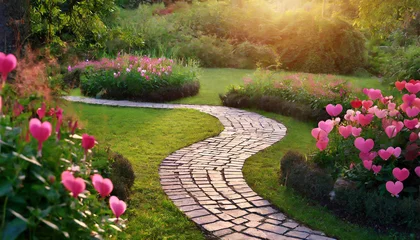  stone pathway winding through a lush garden, providing a scenic and romantic route for a Valentine's evening stroll © Kimbery