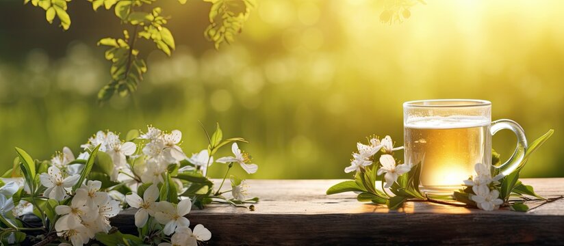 In the beautiful garden, amidst the lush green grass and vibrant spring flowers, a delicate white tea infused with the refreshing essence of natures bounty was served, embodying health, beauty, and