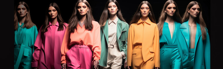 Fashion show, female models in casual, colorful outfits. AI Generated