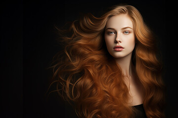 A dreamy young white redhead woman with blue eyes, long wavy hair, pale skin, plump lips, and a black dress standing isolated on a black background.