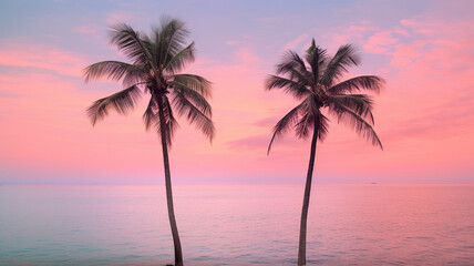 Fototapeta na wymiar pink tropical palm trees and sea on sunset background. summer concept, vacation or summer vacation concept