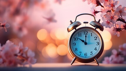 pink alarm clock in the cherry blossom background - obrazy, fototapety, plakaty