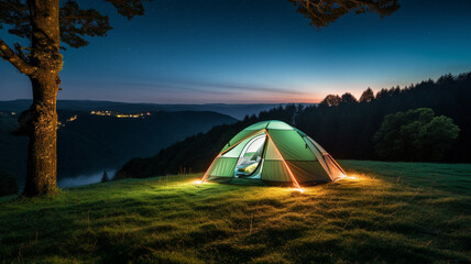 tourist tent with green forest at night. night camping in mountains. night sky with stars.