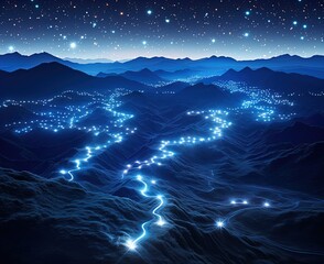 Enchanting blue mountain peak with a mystical light beam piercing the night sky.