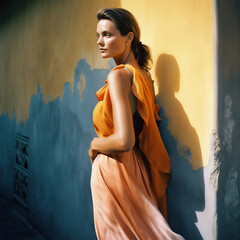 portrait of a woman on colored wall