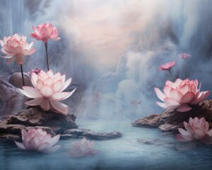 water lily pink on the background with clouds - obrazy, fototapety, plakaty