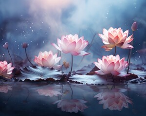 water lily pink on the background with clouds - obrazy, fototapety, plakaty