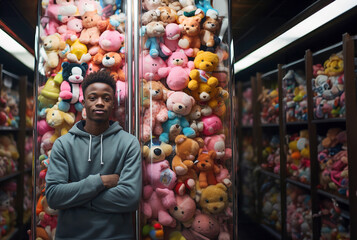 A man standing in front of a display of stuffed animals in a toy store.