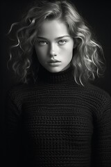 Front portrait Black and white film on a neutral background of a young girl with blond curly hair dressed in a black turtleneck sweater