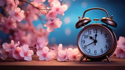 Fotobehang pink alarm clock in the cherry blossom background © ArtCookStudio