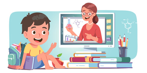 Boy student studying online watching video lesson on computer. Teacher woman person teaching chemistry. Kid among books at home talking to teacher. Remote education concept flat vector illustration