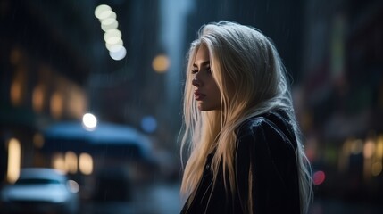 A gorgeous sad teenager female standing in the rain in an empty street, loneliness concept, rain drops, blond hair, mid of the night, dim theme