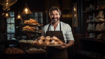 A portrait of a baker holding a tray of freshly baked croissants with a satisfied smile on
