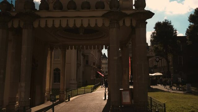 A low key gimbal shot featuring the famous Royal Pavilion in Brighton, England, UK on a sunny day. The Royal Pavilion, also known as the Brighton Pavilion, is a former royal residence built in 1787.