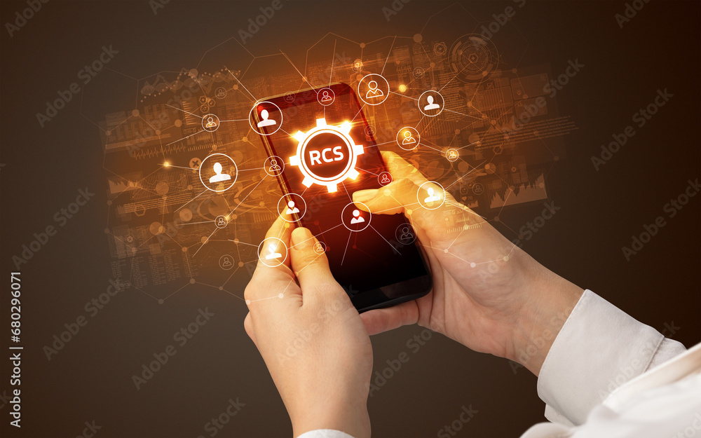 Poster hand using smartphone with technology concept