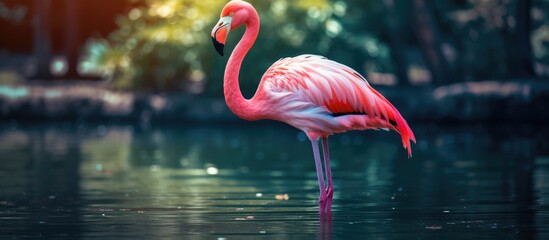 park near the ocean, a beautiful black and white bird with colorful feathers and a long beak, known as a flamingo, gracefully roams, showcasing the beauty of wildlife through its vibrant colors.