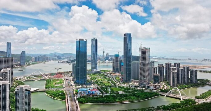 Aerial view of Macau Island city financial district skyline and natural scenery