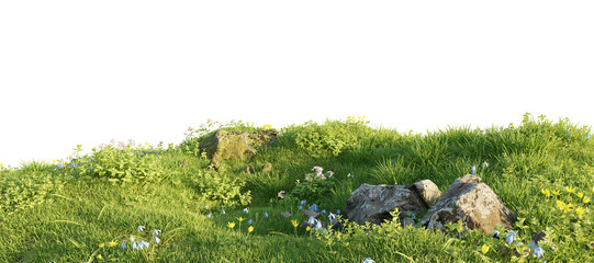 Verdant Hill Blooming with Yellow Flowers in Spring. 3D render.