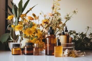 Essential oil in glass bottles on a white table with dried flowers. Generated with AI