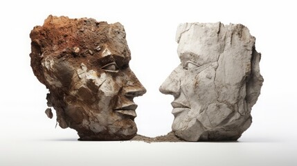 single rough rock, with two faces immersed halfly into it, white background, copy space, 16:9 - obrazy, fototapety, plakaty