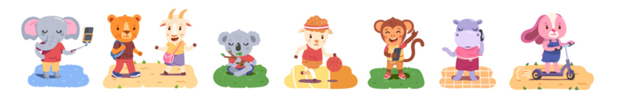 Animal person children characters summer activity set. Funny kids walking, playing basketball, listening music, phone talking, riding scooter, meditating. Youth culture concept flat vector collection