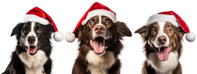 Happy Border Collie with santa claus hat, christmas Dog isolated on transparent background - Generative AI	

