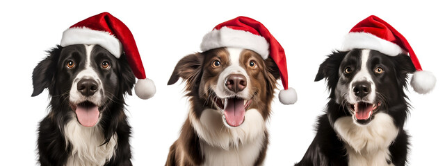 Collection of Joyful Border Collie Wearing Santa Claus Hat, Christmas Dog isolated on transparent background - Generative AI	
